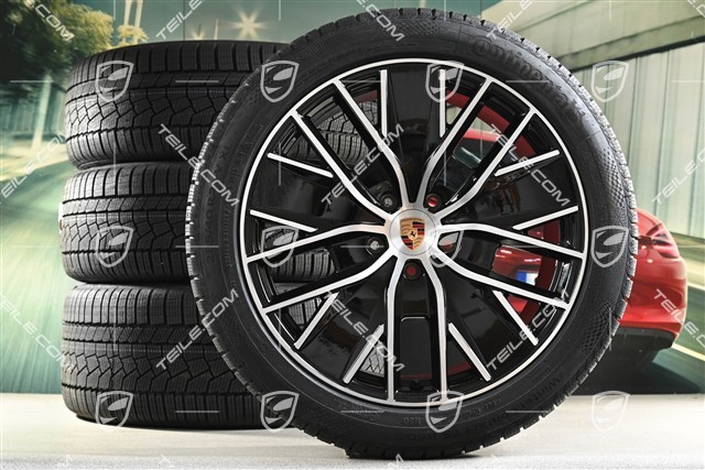 21" Macan Design Winterräder Satz, Felgen 8,5J x 21 ET27 + 10,5J x 21 ET47 + Continental Winterreifen 255/45 R21 + 285/40 R21, in Schwarz Hochglanz