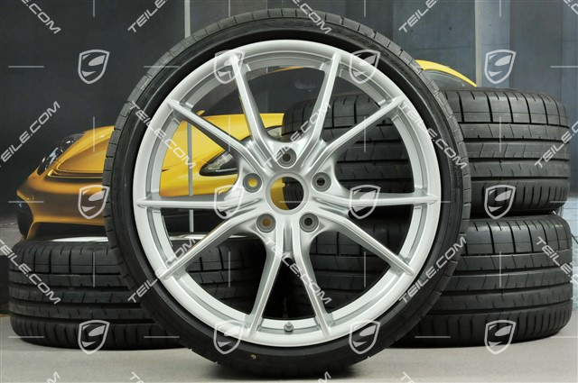 20" Carrera S summer wheel set, rims 8J x 20 ET57 + 10J x 20 ET45 + NEW Pirelli summer tires 235/35 ZR20 + 265/35 ZR20, silver, with TPMS