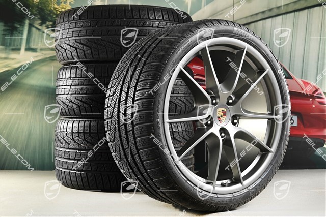 20" Komplet kół zimowych Carrera S III, felgi 8,5J x 20 ET51 + 11J x 20 ET52 + opony zimowe Pirelli 245/35 ZR20 + 295/30 ZR20, z czujnikami ciśnienia, Platinum satynowy półmat