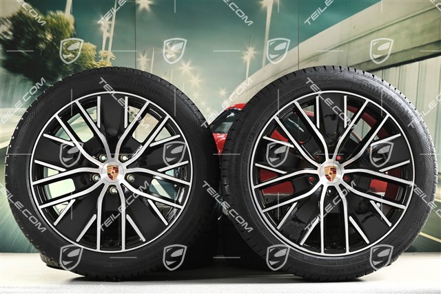 21" Macan Design Winterräder Satz, Felgen 8,5J x 21 ET27 + 10,5J x 21 ET47 + NEUE Continental Winterreifen 255/45 R21 + 285/40 R21, in Schwarz Hochglanz