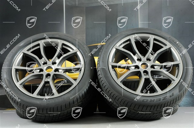21-inch Cayenne COUPE Exclusive Design summer wheel set, rims 9,5J x 21 ET46 + 11,0J x 21 ET49 + Pirelli summer tyres 285/40 R21 + 315/35 R21, Platinum satin matt, with TPMS
