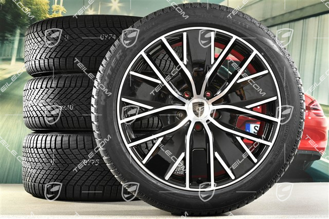 21" Macan Design Winterräder Satz, Felgen 8,5J x 21 ET27 + 10,5J x 21 ET47 + NEUE Pirelli Winterreifen 255/45 R21 + 285/40 R21, in Schwarz Hochglanz