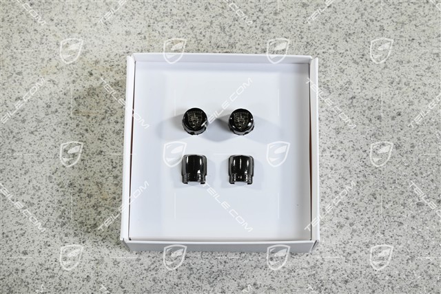 Ventilkappen Schwarz mit Monochrom Porsche Wappen / Für Fahrzeuge ohne Reifendruckkontrollsystem RDK