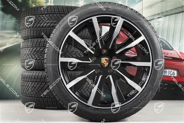 20" Taycan Tequipment Design Winterräder Satz, Felgen 9J x 20 ET54 + 11J x 20 ET60, Goodyear Winterreifen 245/45 R20 + 285/40 R20, in Schwarz Hochglanz