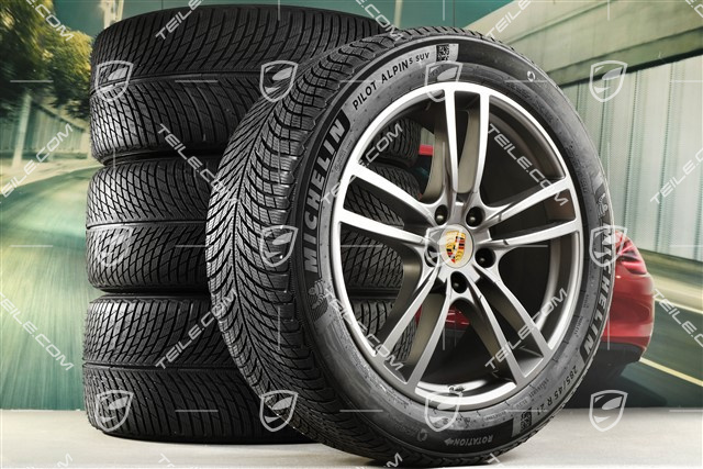 21" koła zimowe Cayenne Turbo, komplet, felgi 9,5J x 21 ET46 + 11,0J x 21 ET58 + NOWE opony zimowe Michelin 285/45 R21 + 305/40 R21, z czujnikami ciśnienia, Platinum półmat satyna