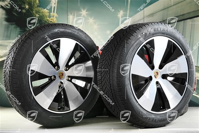 20" koła zimowe Macan, felgi 7,5J x 20 ET32 + 10J x 20 ET49 + NOWE opony zimowe Goodyear 235/55 R20 + 285/45 R20, czarny wysoki połysk