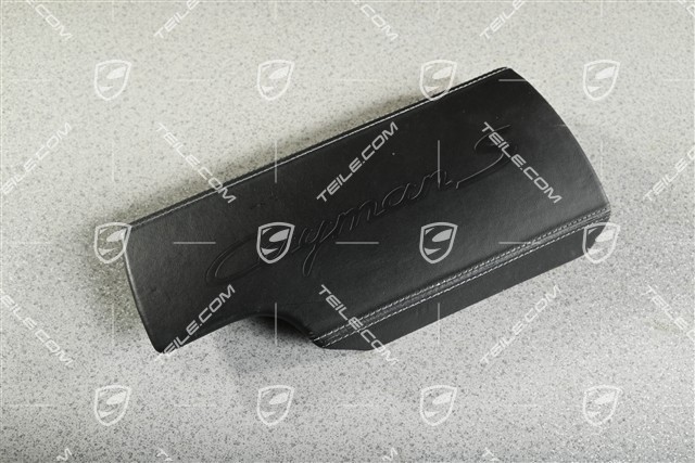 Armrest / tunnel, trim cover, Black leather with embossed Cayman S logo