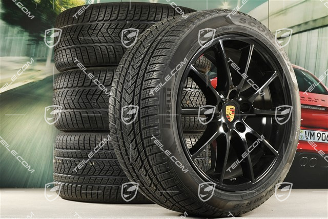 20" koła zimowe Cayenne Design, komplet, felgi 9J x 20 ET50 + 10,5J x 20 ET64 + opony zimowe Pirelli 275/45 R20 + 305/40 R20, z czujnikami ciśnienia, czarny wysoki połysk
