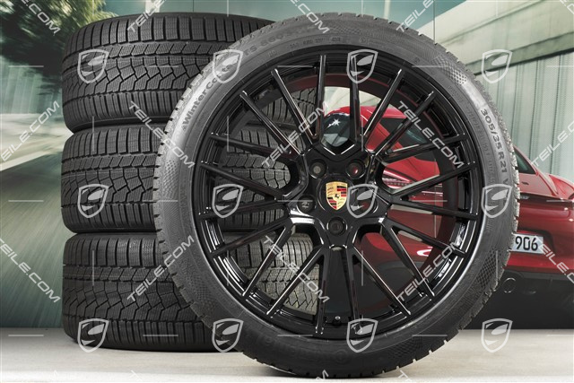 21" Cayenne COUPÉ RS Spyder Winterräder Satz, Felgen 9,5J x 21 ET46 + 11,0J x 21 ET49 + NEUE Continental Winterreifen 275/40 R21 + 305/35 R21, mit RDK-Sensoren, schwarz hochglanz