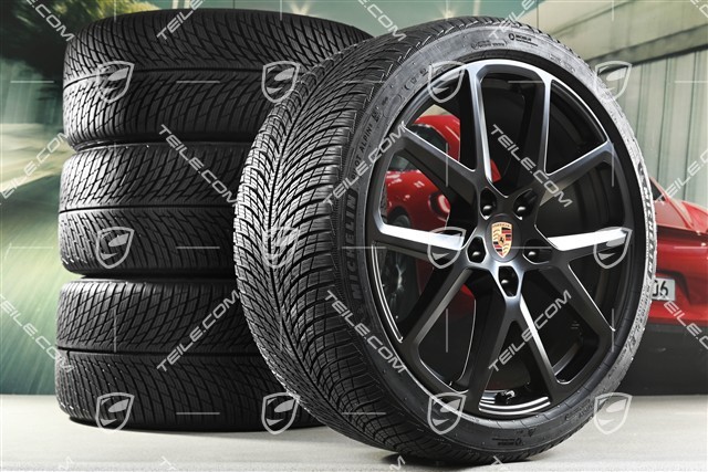 21" Panamera SportDesign Koła zimowe, komplet, felgi 9,5J x 21 ET71 + 10,5J x 21 ET71 + NOWE opony zimowe Michelin Pilot Alpin 5 275/35 R21 + 315/30 R21, czarny satynowy półmat