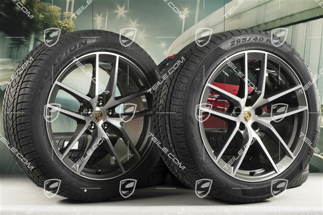 20" "Macan S" koła zimowe, komplet, felgi 9J x 20 ET26 + 10J x 20 ET19, opony zimowe Pirelli 265/45 R 20 + 295/40 R 20, ciemny tytan/frezowane na wysoki połysk, z czujnikami ciśnienia RDK