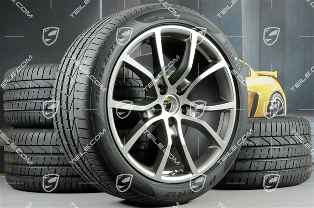 21" Cayenne Exclusive Design Sommerräder Satz, Felgen 9,5J x 21 ET46 + 11,0J x 21 ET58 + NEUE Pirelli P Zero Sommerreifen 285/40 R21 + 315/35 R21, mit RDK-Sensoren, Platinum-Seidenmatt
