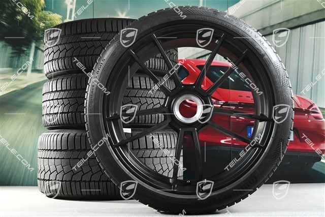 20"+21" GTS "Turbo S" Winterräder Satz, Zentralverschluss Felgen 8,5J x 20 ET50 + 11J x 21 ET66 + Continental Winterreifen 245/35 R20 + 295/30 R21, schwarz seidenmatt