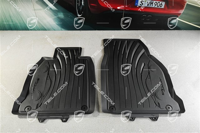 Gumowe dywaniki, komplet 2-częściowy, z sylwetką Porsche i napisem "911 Dakar", czarny