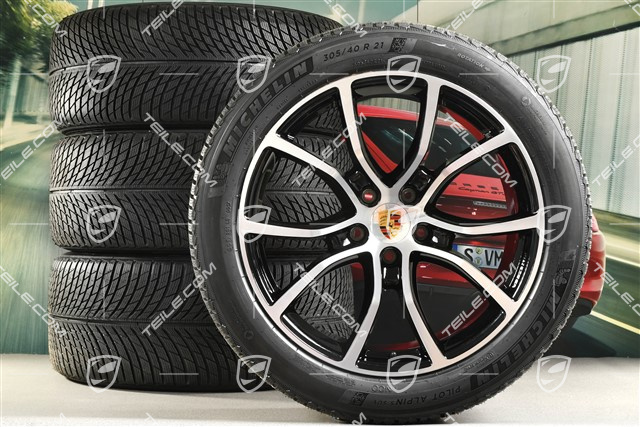 21-inch Cayenne COUPE Exclusive Design winter wheel set, rims 9,5J x 21 ET46 + 11,0J x 21 ET49 + NEW Michelin Pilot Alpin 5 SUV winter tyres 285/45 R21 + 305/40 R21, with TPMS, black high gloss