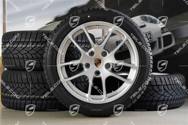 18" Cayman winter wheel set, 8J x 18 ET57 + 9J x 18 ET47 + NEW winter tyres Dunlop SP Winter Sport 3D 235/45 R18 + 265/45 R18, with TPMS.
