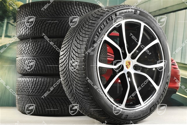 21" koła zimowe Cayenne Exclusive Design, komplet, felgi 9,5J x 21 ET46 + 11,0J x 21 ET58 + NOWE opony zimowe Michelin 285/45 R21 + 305/40 R21, z czujnikami ciśnienia, czarny perłowy Jet Black metalik