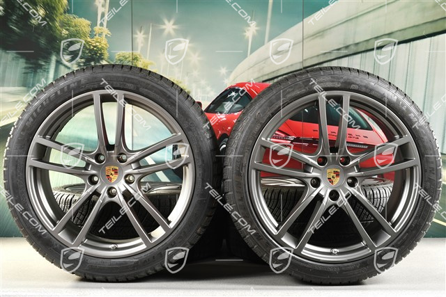 21" Cayenne Turbo Winterräder Satz, Felgen 9,5J x 21 ET46 + 11,0J x 21 ET58 + Michelin Winterreifen 275/40 R21 + 305/35 R21, mit RDK-Sensoren, in Platinum Seidenmatt