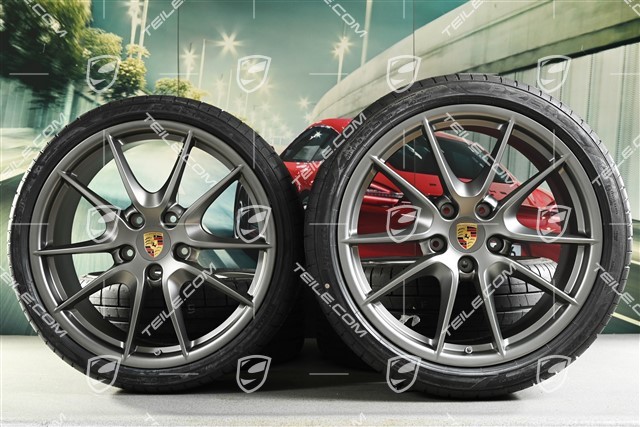 20" Komplet kół letnich Carrera S Platinum (półpołysk), 8J x 20 ET57 + 9,5J x 20 ET45 + NOWE opony letnie Pirelli 235/35 ZR20 + 265/35 ZR20, z czujnikami ciśnienia