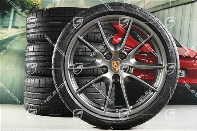 20" Komplet kół letnich Carrera S Platinum (półpołysk), 8J x 20 ET57 + 9,5J x 20 ET45 + NOWE opony letnie Pirelli 235/35 ZR20 + 265/35 ZR20, z czujnikami ciśnienia