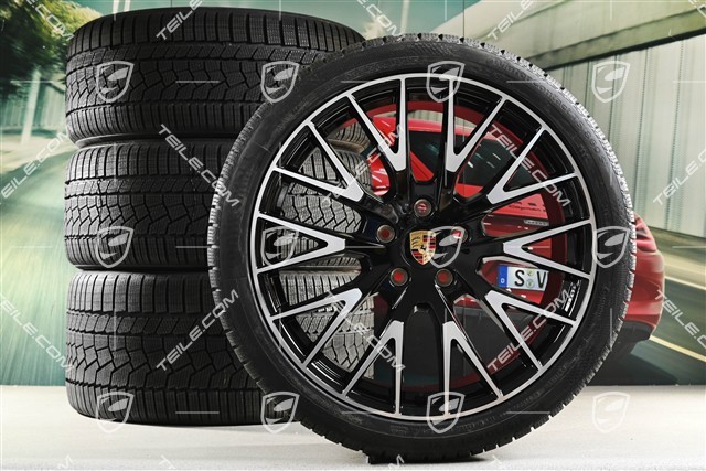 21" Panamera Exclusive Design Koła zimowe, komplet, felgi 9,5J x 21 ET71 + 10,5J x 21 ET71 + NOWE opony zimowe Continental Winter Contact TS860 S 275/35 R21 + 315/30 R21, czarny wysoki połysk