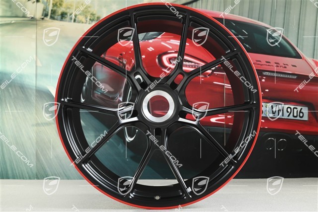 20+21 -inch GT3 wheel rim set, 9,5J x 20 ET46 + 12J x 21 ET45, black satin mat + red rim border