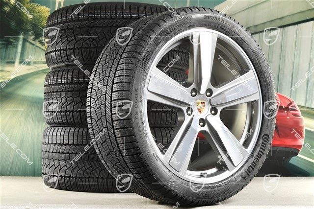 22" Koła zimowe, komplet, Cayenne Exclusive Design Sport, felgi 10J x 22 ET48 +11,5J x 22 ET61 + opony zimowe Continental 285/40 R22 + 315/35 R22, platynowy srebrny