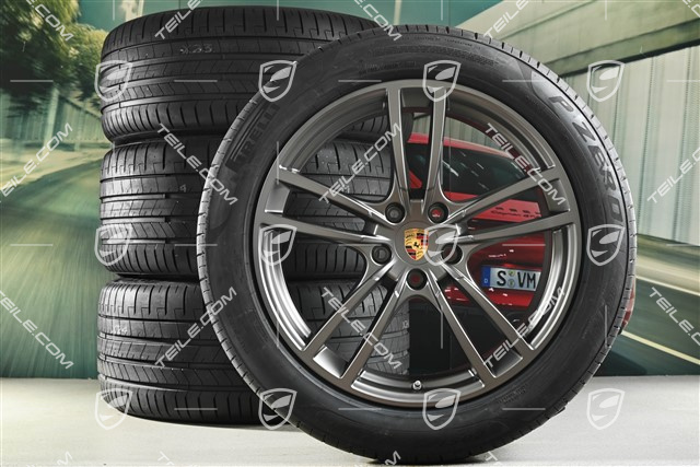 21" Cayenne Turbo Sommerräder Satz, Felgen 9,5J x 21 ET46 + 11,0J x 21 ET49 + NEUE Pirelli P Zero Sommerreifen 285/40 R21 + 315/35 R21, Platinum Seidenmatt