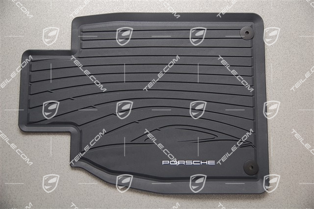 Gumowe dywaniki, komplet 2-częściowy, z sylwetką Porsche i napisem "Porsche", czarne
