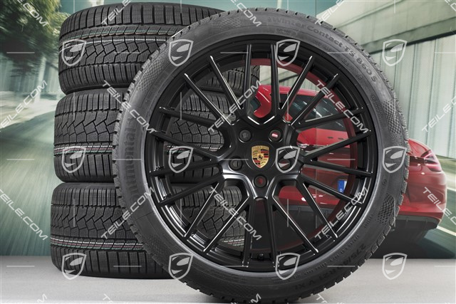 21" koła zimowe Cayenne RS Spyder, komplet, felgi 9,5J x 21 ET46 + 11,0J x 21 ET58 + opony zimowe Continental 275/40 R21 + 305/35 R21, z czujnikami ciśnienia, czarny satynowy półmat