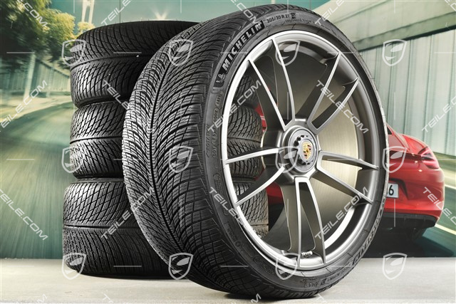 20"+21" koła zimowe Turbo S, komplet, felgi montowane centralnie 8,5J x 20 ET40 + 11J x 21 ET66 + opony zimowe Michelin 245/35 R20 + 305/30 R21, platinum satynowy półmat