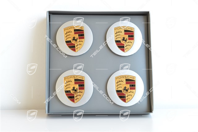 Radzierdeckel Satz (4 Stück), in Silber mit farbigem Porsche Wappen, für 19-Zoll Cayman S Felgen
