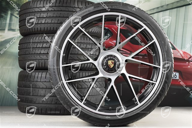 20" Koła letnie, komplet Turbo Sport III, centralne mocowanie, felgi 9J x 20 ET51 + 11,5J x 20 ET56 + NOWE opony letnie Pirelli 245/35 ZR20 + 305/30 ZR20, czarne