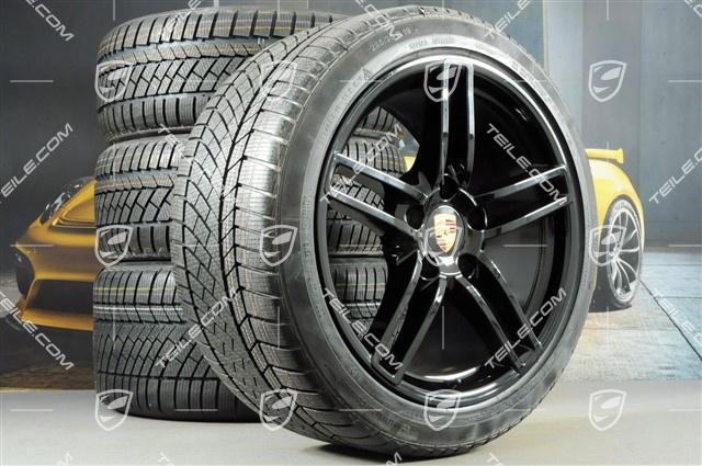 19" Carrera Winterräder Satz, 8,5J x 19 ET54 + 11J x 19 ET69 + NEUE Continenetal Winterreifen 235/40 R19 + 285/35 R19, mit RDK-Sensoren, schwarz hochglanz