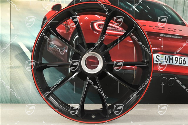 20" rims set GT3, 9J x 20 ET55 + 12J x 20 ET47, in black satin-mat with red border