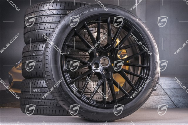 21" Cayenne RS Spyder Sommerräder Satz, Felgen 9,5J x 21 ET46 + 11,0J x 21 ET58 + Pirelli P Zero Sommerreifen 285/40 R21 + 315/35 R21, mit RDK-Sensoren, schwarz hochglanz