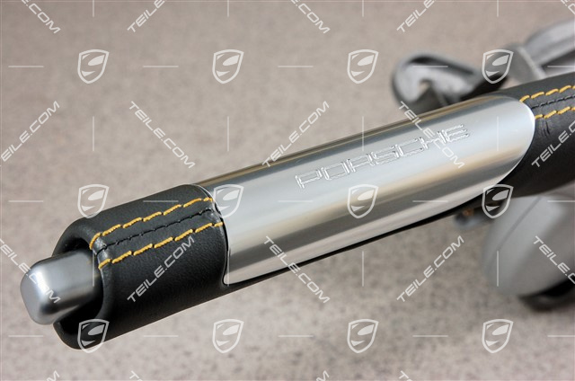Handbremshebel komplett, Leder Alu, Steingrau mit Speed Gelb