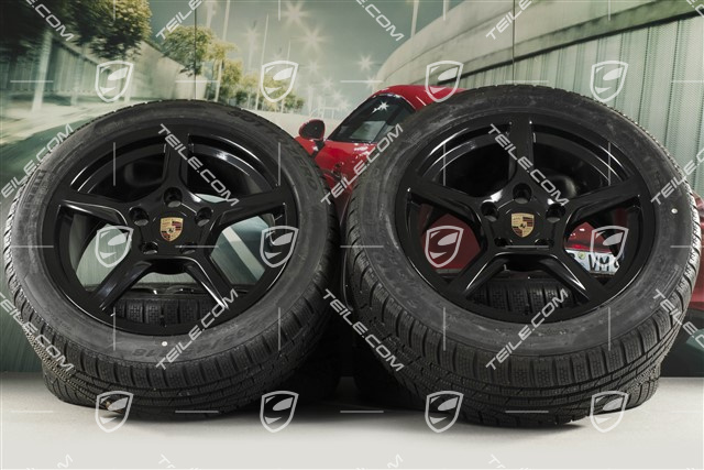 18" Boxster koła zimowe komplet, felgi 8J x 18 ET57 + 9,5J x 18 ET49, opony zimowe Pirelli Sottozero II 235/45 R18 + 265/45 R18, czarny wysoki połysk