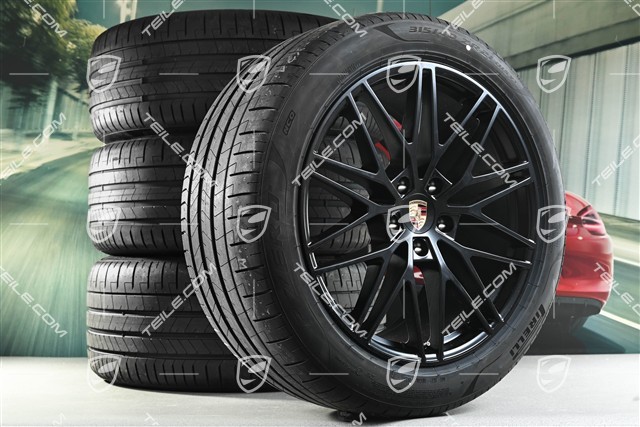 21" Cayenne RS Spyder Design Sommerräder Satz, Felgen 9,5J x 21 ET46 + 11,0J x 21 ET58 + Pirelli P Zero Sommerreifen 285/45 R21 + 315/40 R21, mit RDK-Sensoren, Schwarz-Seidenmatt, DOT/Bj. 2025, Laufleistung 30 Km
