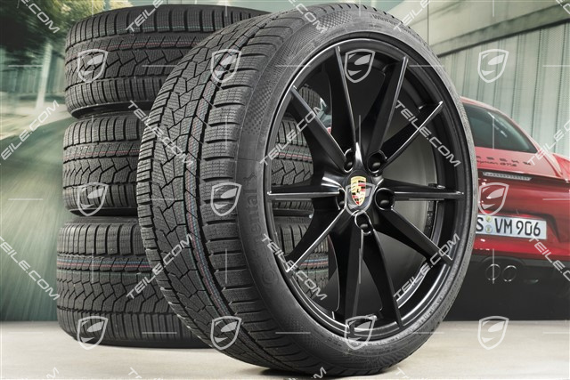 20"+21" Carrera S Winterräder Satz, Felgen 8,5J x 20 ET53 + 11J x 21 ET66 + NEUE Continental Winterreifen 245/35 R20 + 295/30 R21, in Schwarz Seidenmatt