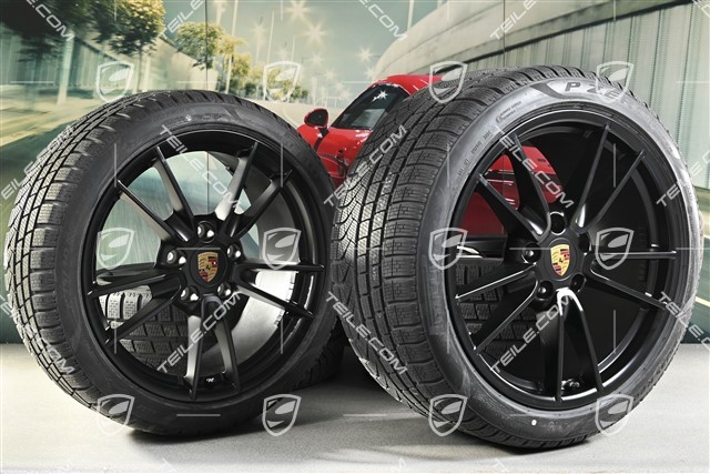 19-/20-inch Carrera winter wheel set, wheel rims 8,5J x 19 ET52 + 11J x 20 ET66 + Pirelli winter tyres 235/40 R19 + 295/35 R20, with TPMS, in black satin-mat