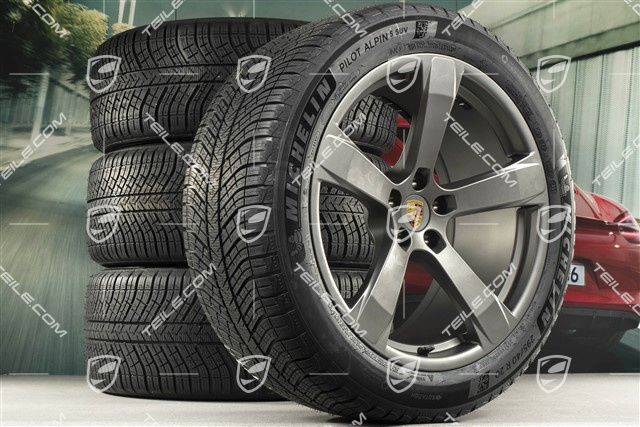 20" "Macan Sport" koła zimowe, komplet, felgi 9J x 20 ET26 + 10J x 20 ET19 + NOWE opony zimowe Michelin 265/45 R 20 + 295/40 R 20, platinum satynowy półmat, z czujnikami ciśnienia RDK