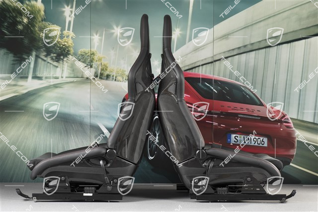 Sportowe fotele kubełkowe, składane, podgrzewane, czarna skóra/Alkantara, nitka czerwona Carmine red, z herbem Porsche, L+R