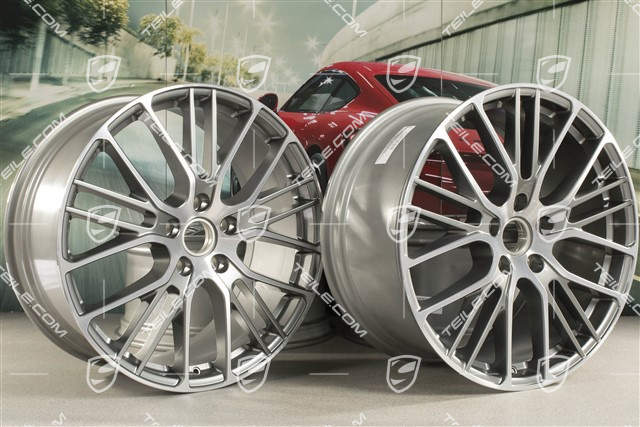 21-inch wheel rim set Panamera Exclusive Design Sport, 9,5J x 21 ET71 + 10,5J x 21 ET71, in Platinum silver metallic