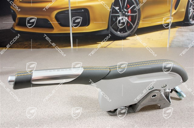 Handbremshebel komplett, Leder Alu, Steingrau mit Speed Gelb