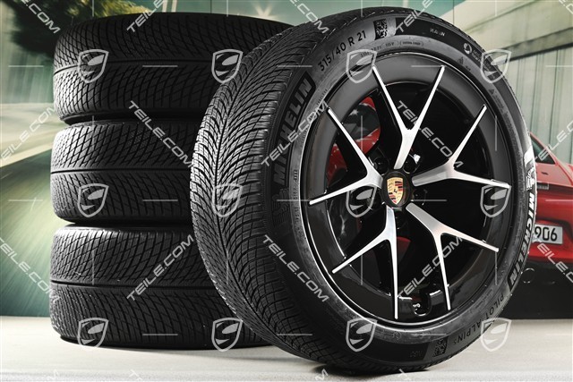 21" koła zimowe Cayenne RS Spyder Design, komplet, felgi 9,5J x 21 ET16 + 11J x 21 ET37 + opony zimowe Michelin Pilot Alpin 5 275/45 R21 + 315/40 R21, czarny wysoki połysk