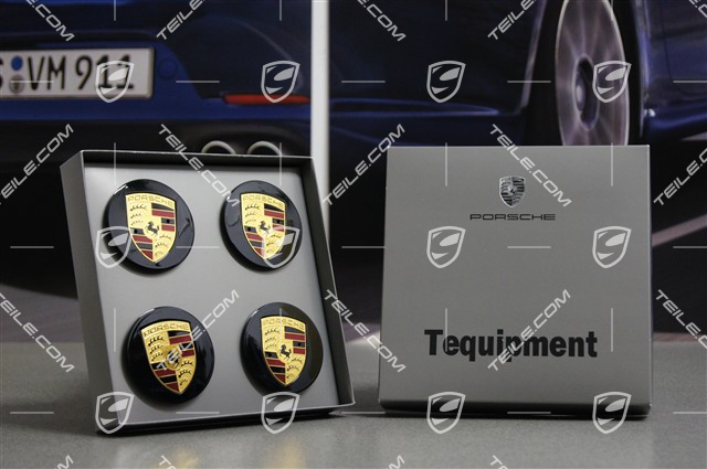 Dekielki kół, komplet (4 szt.), czarne, wysoki połysk, z kolorowymi herbami Porsche