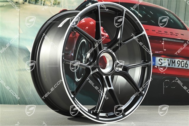 20+21 -inch GT3 wheel rim set, 9,5J x 20 ET46 + 12J x 21 ET45, black satin mat + white rim border