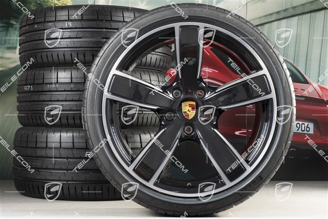 20" Carrera Sport Sommerräder Satz, Felgen 8,5J x 20 ET57 + 10,5J x 20 ET47 + NEUE Sommerreifen 235/35 ZR20 + 265/35 ZR20, mit RDK-Sensoren, schwarz hochglanz