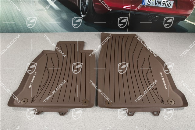 Gumowe dywaniki, komplet 2-częściowy, z sylwetką Porsche i napisem "Porsche", truflowy brąz